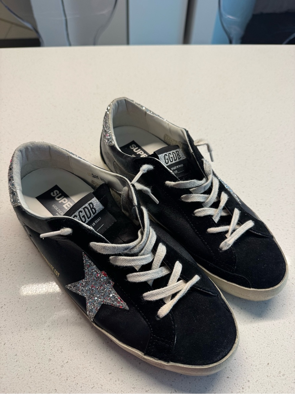 GGDB Golden Goose Black Suede Sneakers with Glitter Star Excellent Condition